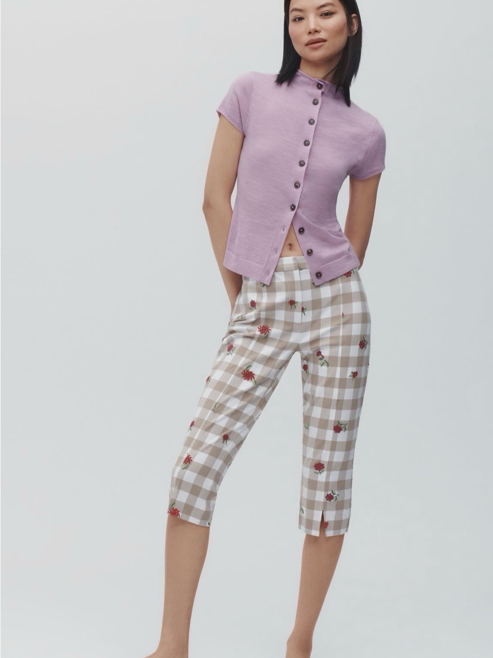 Maeve Beige Gingham Cropped Capris with Red Floral Embroidery